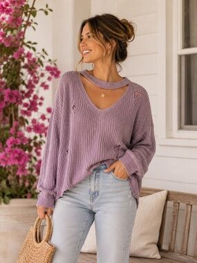 Miracle Distressed Purple Mock Neck Knit Sweater S